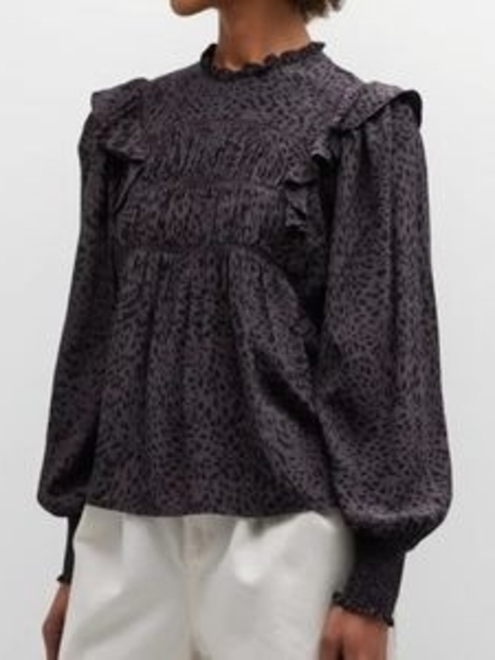 Rails Charcoal Leopard Ruffle-Yoke Blouse